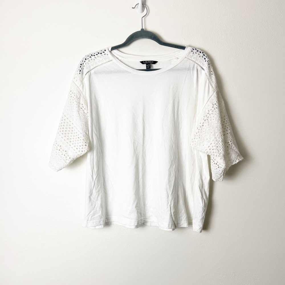 LAUREN RALPH LAUREN • Women’s White Eylet Sleeve Detail Cotton Top Size XL